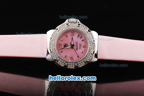 Tag Heuer Formula 1 Quartz Movement Silver Case with Diamond Bezel-Pink Dial and Pink Leather Strap-Lady Size - Click Image to Close